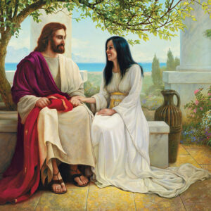 jesus sitting with woman white dress