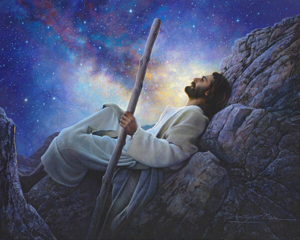 jesus looking up at stars in night sky