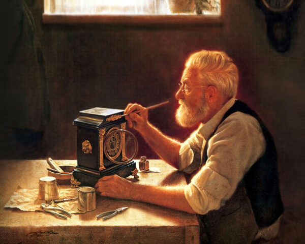 old man painting clock white beard