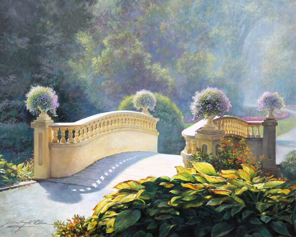 white bridge in green garden