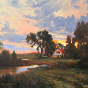 landscape painting river white house