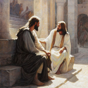 Painting of Jesus sitting next to a man